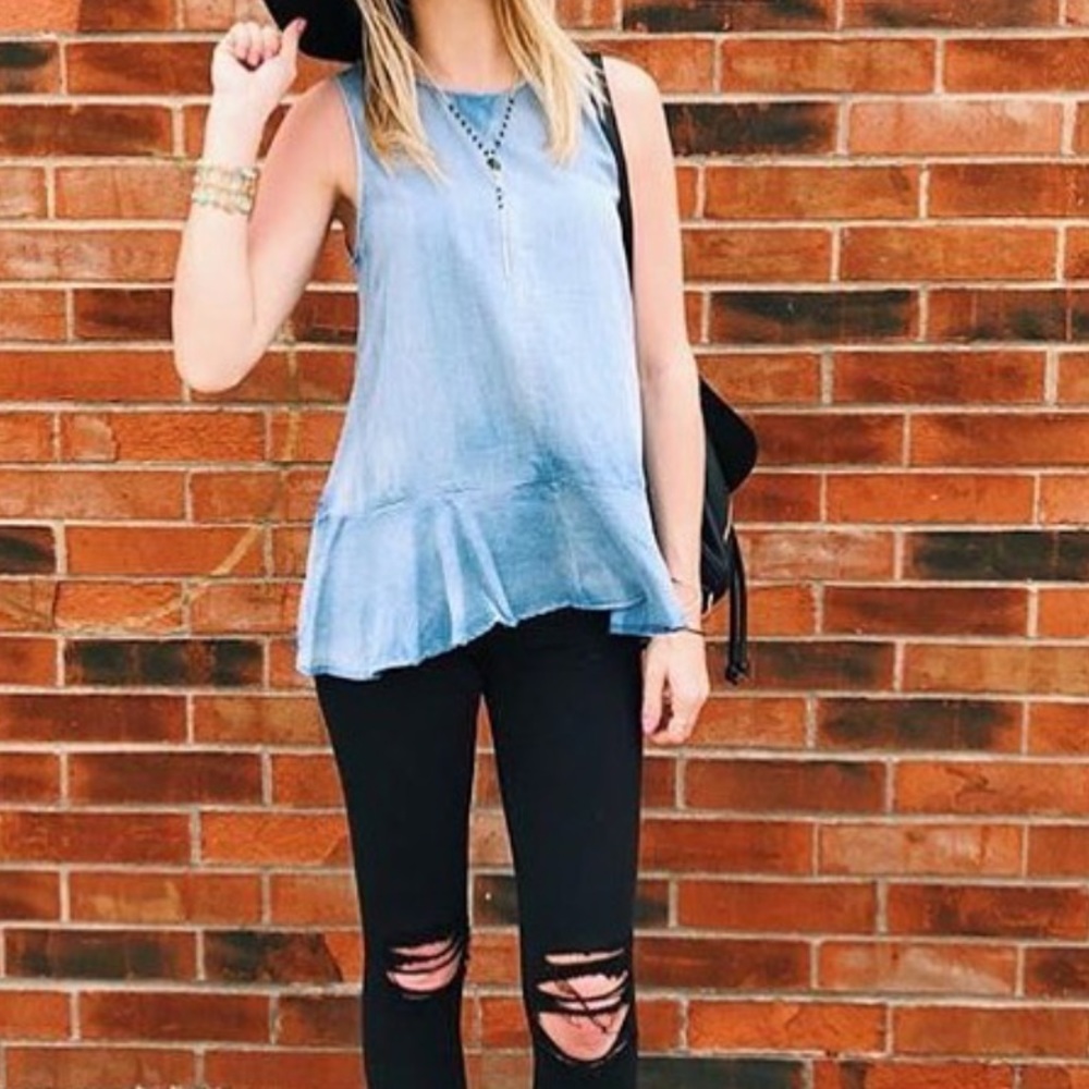 Denim Ruffle Hem Tank Top Zip Back - Picture 7 of 8